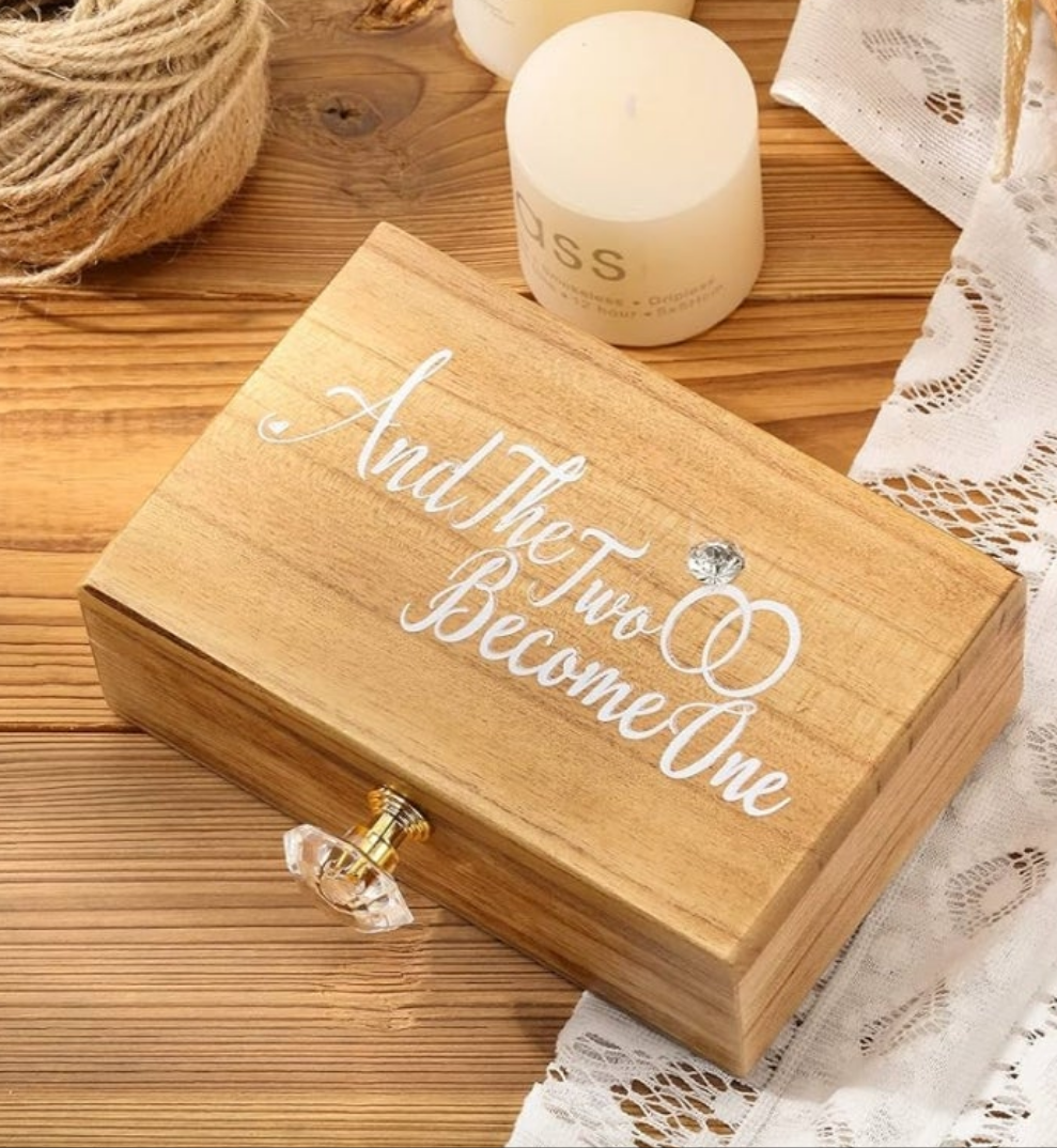 Wedding Ring Bearer Box and Then Two Become One Mr. and Mrs. Diamond Ring Box Holder Elegant Wedding Gift, 5W x 6D x 2H(