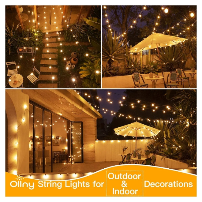 Ollny 25FT Outdoor String Lights, Waterproof Connectable Shatterproof Outside Light with 13 Edison + 1 Spare LED Bulbs Plug in, Patio Lights for Indoor Balcony Porch Camping Deck