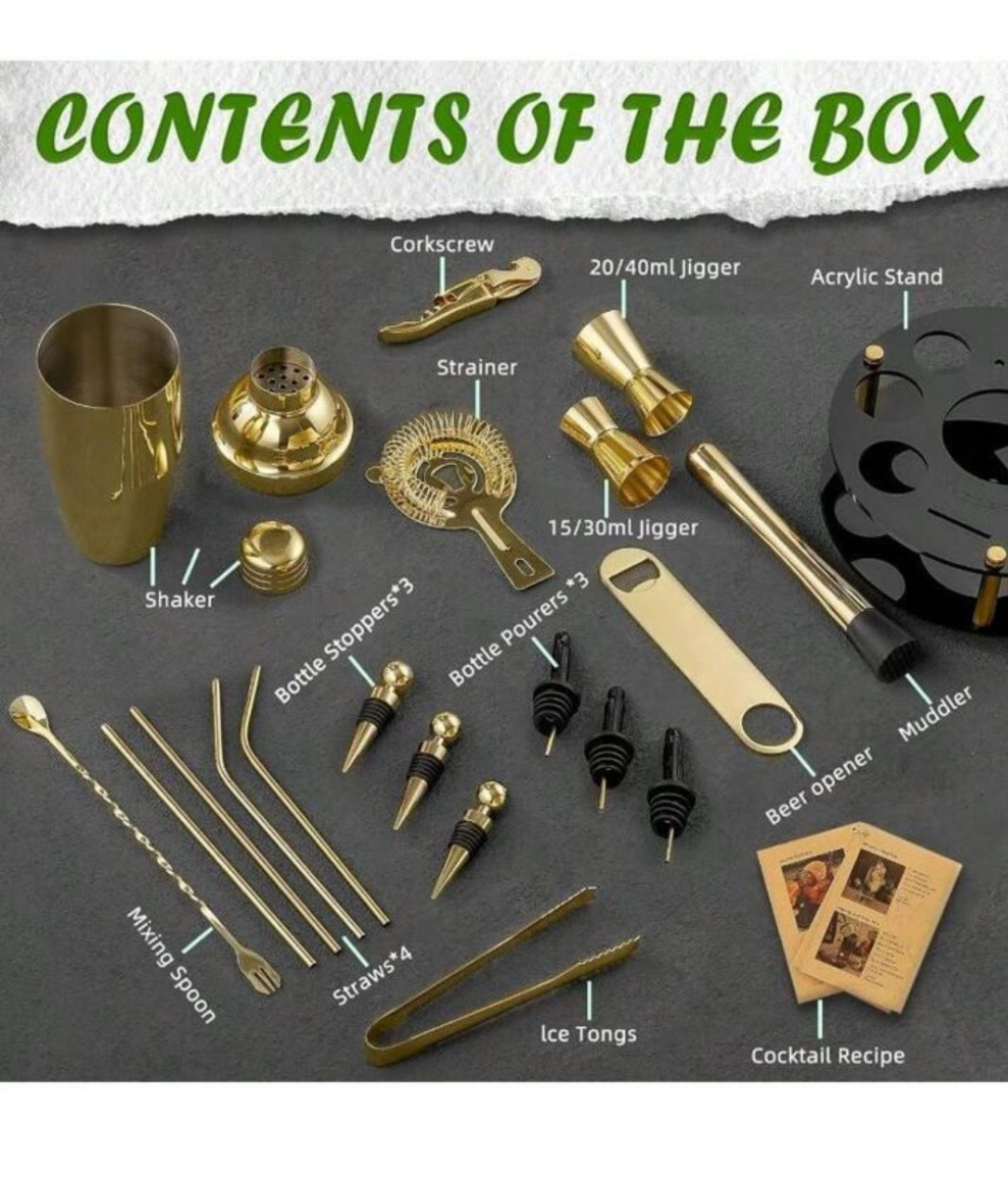 19-Piece Bar Set,Gold Cocktail Shaker Set For Drink Mixing:Stainless Steel Bar Tools With Rotating Stand,Professional Bartender Kit For Home Bars, Parties