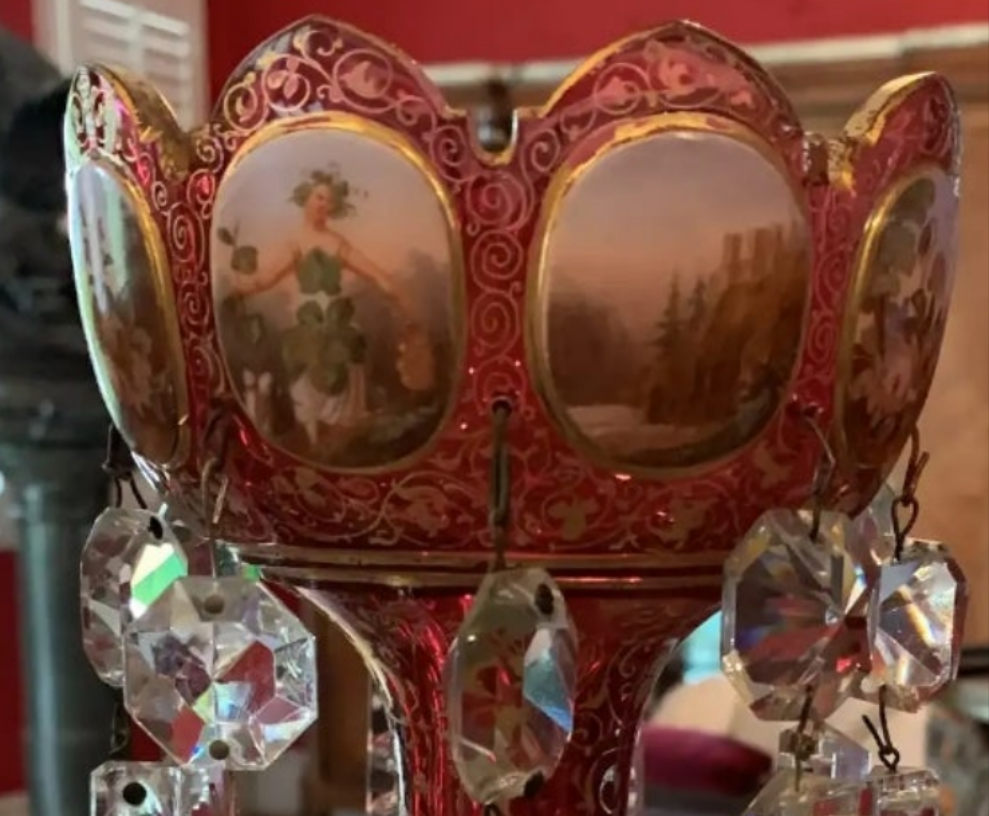 Pair of antique Moser Bohemian cranberry overlay hand painted lusters, circa 1900s cranberry glass