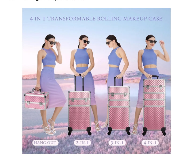 Rolling Makeup Train Case Large Storage Cosmetic Trolley 4 in 1 Large Capacity Trolley Makeup Travel Case with Key Swivel Wheels Salon Barber Case Traveling Cart Trunk