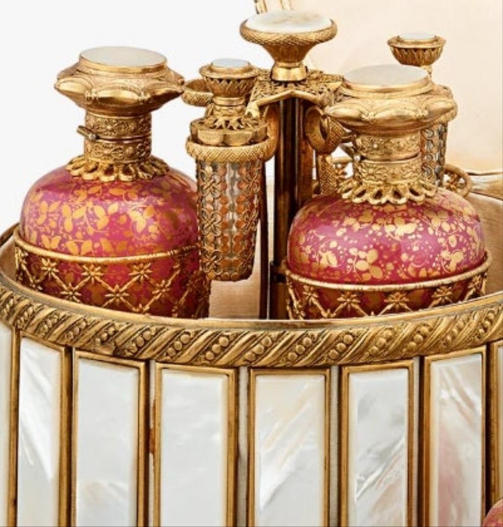 Fabulous Piece A Palais-Royal Mother-of-Pearl Perfume Box and Flasks made of crystal gilt bronze and pink opaline glass. Absolutely stunning. π