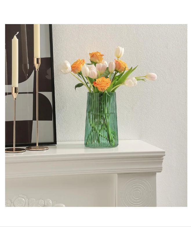 Glass Vase for Flower, Flower Vase for Bouquet, Modern Glass Vase, Ribbed Glass Vase for Living Room, Bedroom, Dining Table, Office, Wedding, Centerpieces, 8-Inch