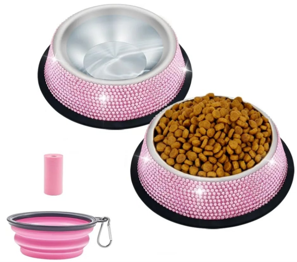 Rhinestone Pet Bowls, Bling Dog Cat Bowl Stainless Steel for Pets Food Water Dishes-2 Pack or single bowl