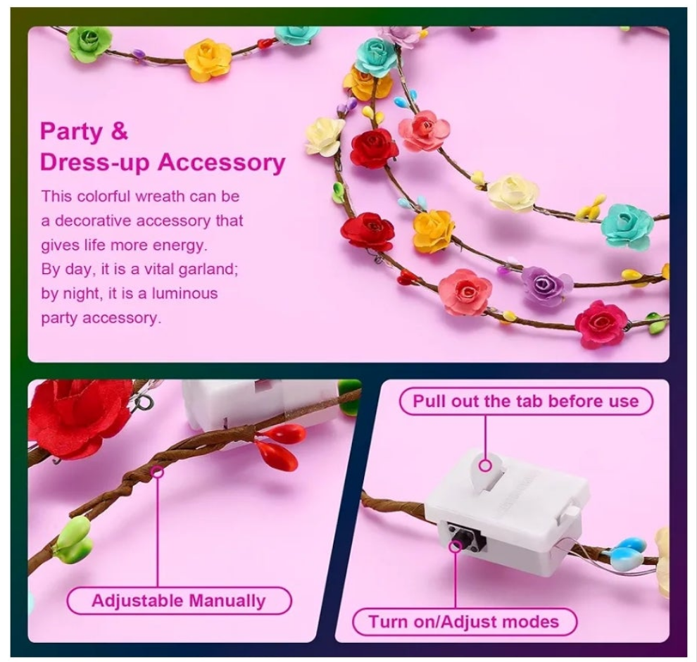LED Flower Crowns Headbands, Light Up Flower Crowns For Women, Glow in the Dark Headband for Wedding Reception Birthday Christmas Mardi Gras Cosplay Princess Party Favors