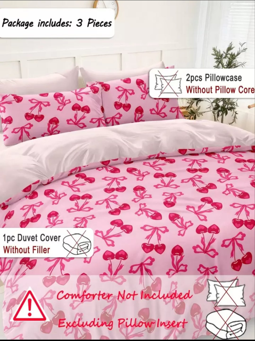 3pcs Cherry Fruit & Bow Print Bedding Set (1 Duvet Cover + 2 Pillowcases, No Filling), Pink Background, Romantic Wedding, Soft Polyester Fiber, Suitable For Bedroom, All Seasons