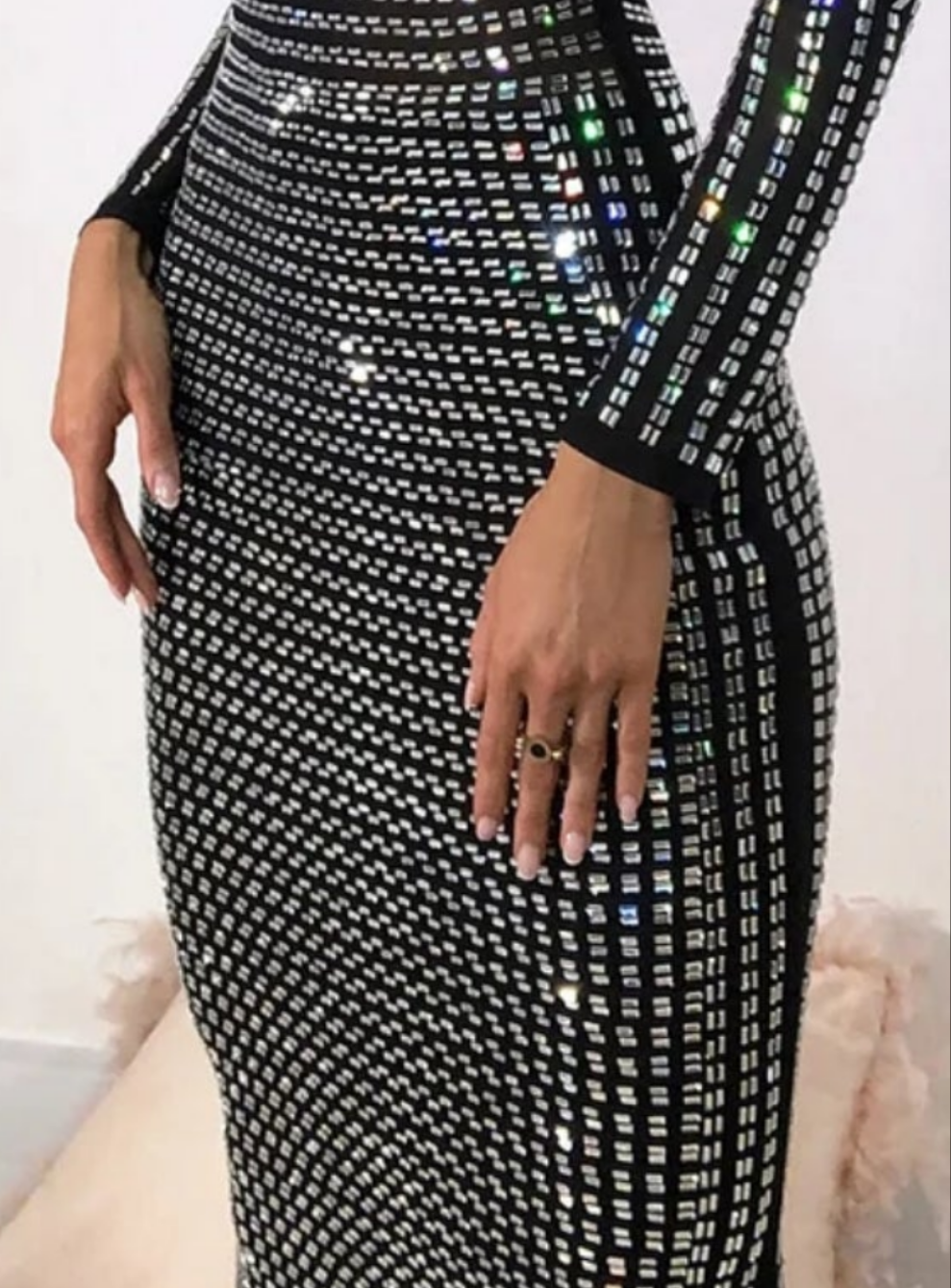 Stand Collar Long Sleeve Rhinestone Tunic Midi Dress-Black COCOMONEY