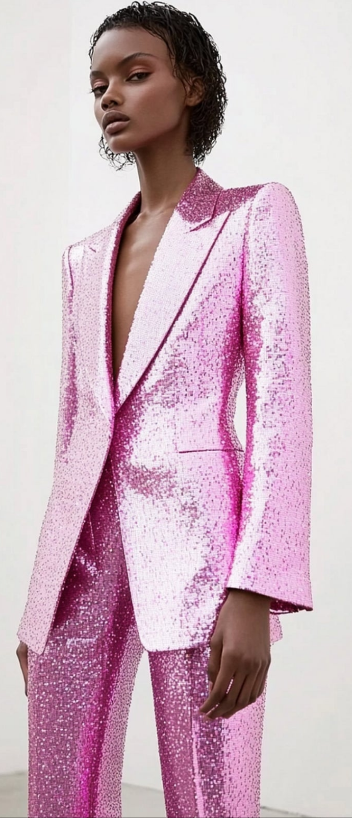 COCOMONEY Sequin Peaked Lapel Blazer Two Piece Pant Suit-Pink