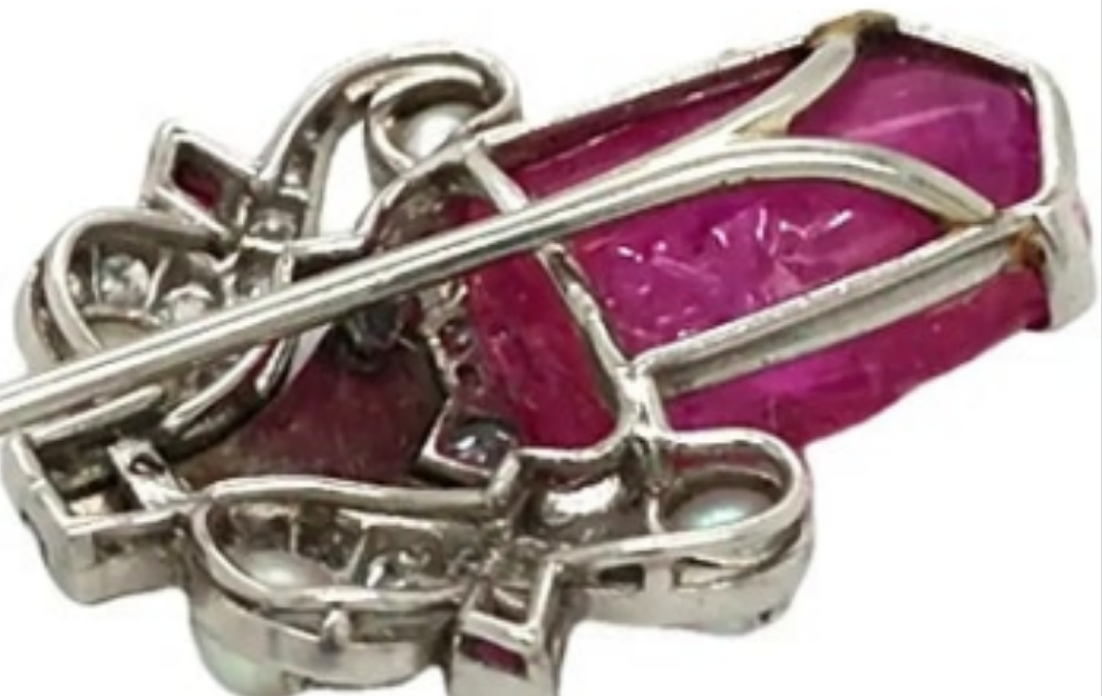 Cartier, Platinum 18K Gold Ruby Pearl Enamel Diamond Jabot Brooch, IAJA, GIA Diamonds: Approximately 0.32 ct Burma No-heat carved Ruby: