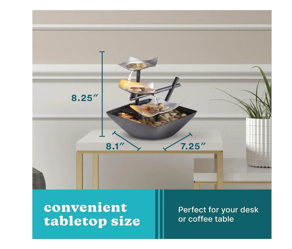 Tabletop Water Fountain, Home Décor Soothing Sound Machine - Automatic Pump, Deep Basin & Natural River Rocks. Indoor Zen Relaxation for Office, Living Room, or Bedroom, 8.25” Tall