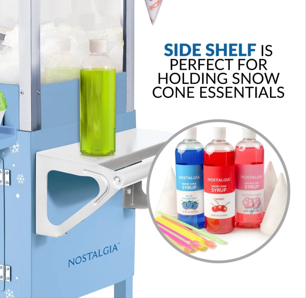 Tall Snow Cone Cart, Makes 72 Icy Treats, Includes Metal Scoop, 2 Syrup Bottles, 100 Paper Cups/Spoons, Storage Compartment, Wheels For Easy