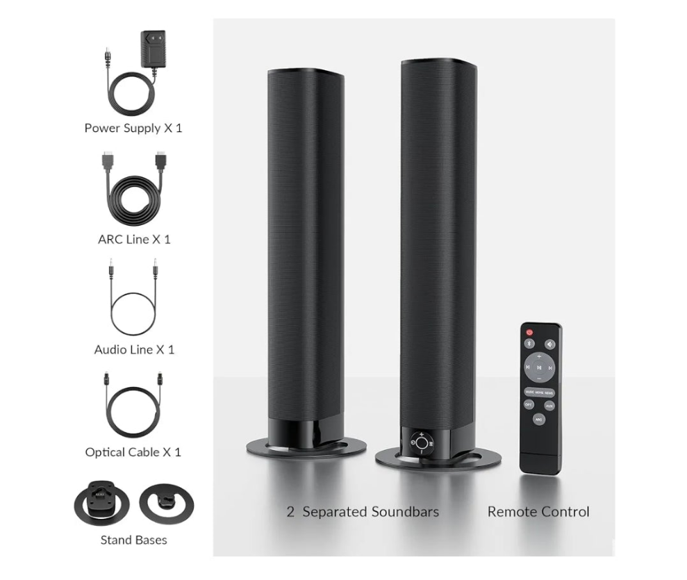 Sound Bar for Smart TV, Soundbar with Bluetooth/ARC/Opt/AUX Connect, Auto Volume Boost, 3 Equalizer Modes, 2 in 1 Detachable Soundbar for TV/PC/Gaming/Projectors