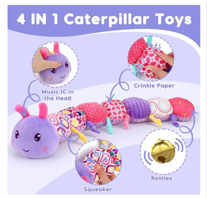 Baby Girl Toys 0-3-6 Months Musical Stuffed Animals Plush Caterpillar Toy with Crinkle Rattles Tummy Time Sensory Learning Toys for Infants 6-9-12 Months Newborn Girls Boys Essentials Shower Gifts