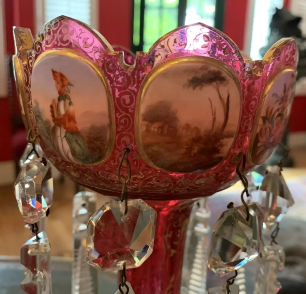 Pair of antique Moser Bohemian cranberry overlay hand painted lusters, circa 1900s cranberry glass