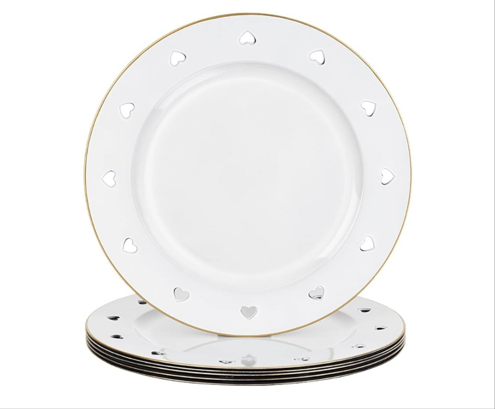 13" Round Pink Charger Plates, Heart Hollow Chargers for Dinner Plates with Golden Border, Formal Table Setting Accessory Centerpiece Bluk Wedding, Valentine's Day, Galentine's Day, Set of 6