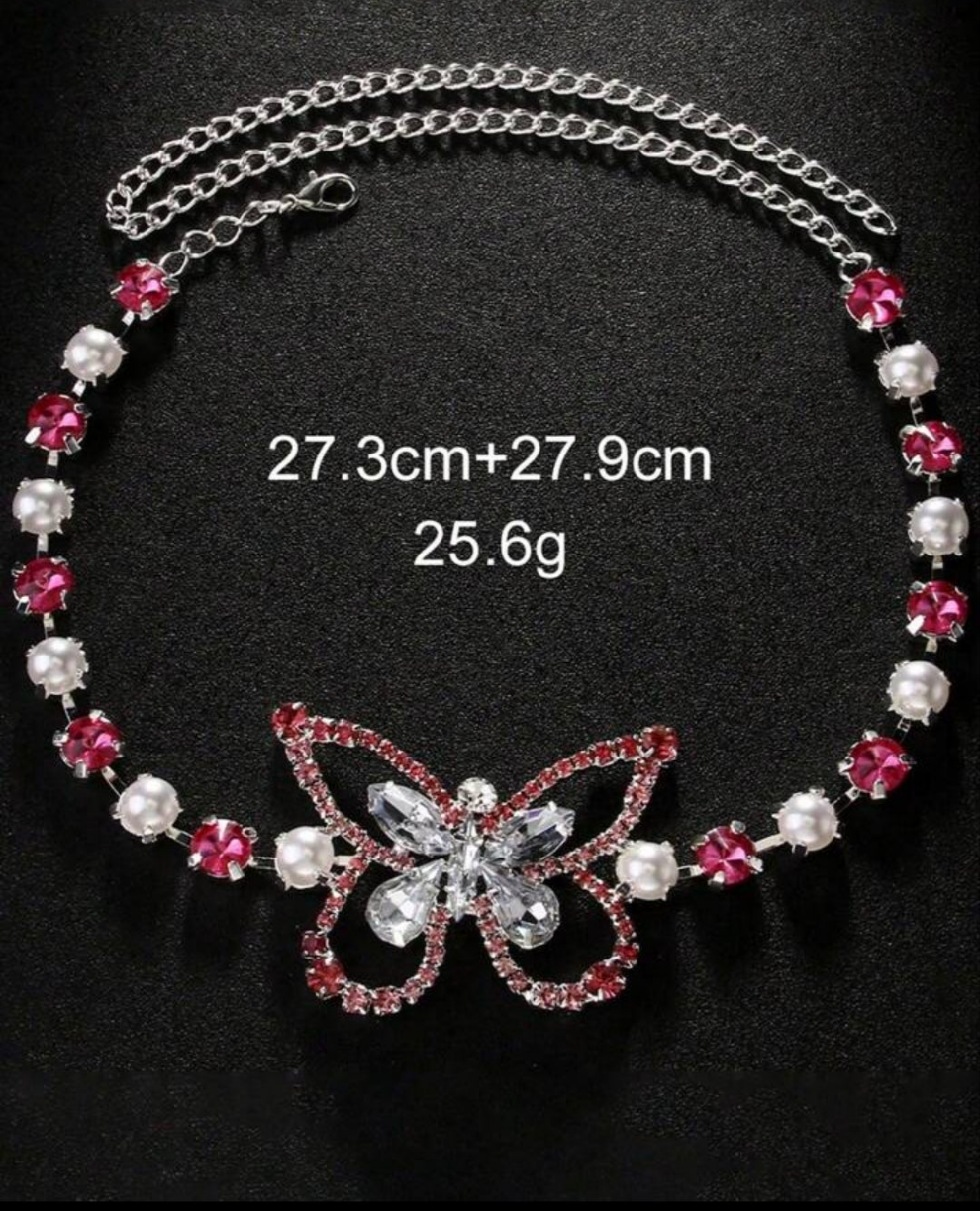 1 Pc Fashionable Silver Tone Pearl & Crystal Butterfly Leg Chain Ankle Bracelet Jewelry For Women
