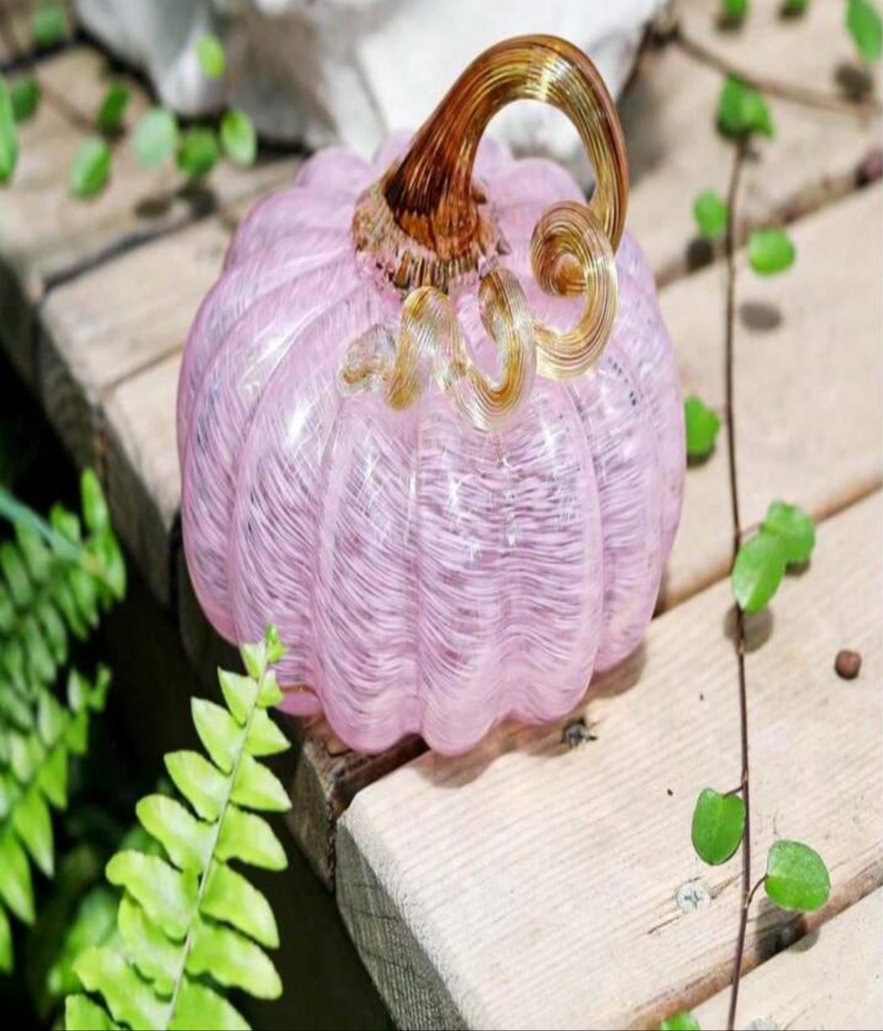 Hand Blown Glass Pumpkin Figurines 52 X 37 Inch Crystal Fake Pumpkin Deorative Ornaments For Tabletop, Halloween, Thanksgiving, Fall Harvest Pink
