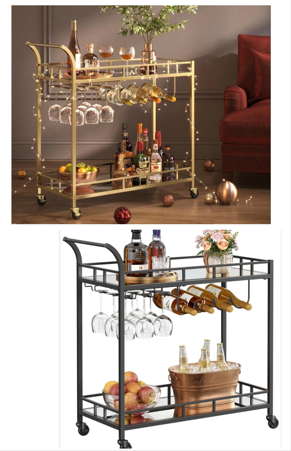 Bar Cart , Home Bar Serving Cart, Wine Cart With 2 Mirrored Shelves, Wine Holders, Glass Holders, For Kitchen, Dining Room stainless steel
