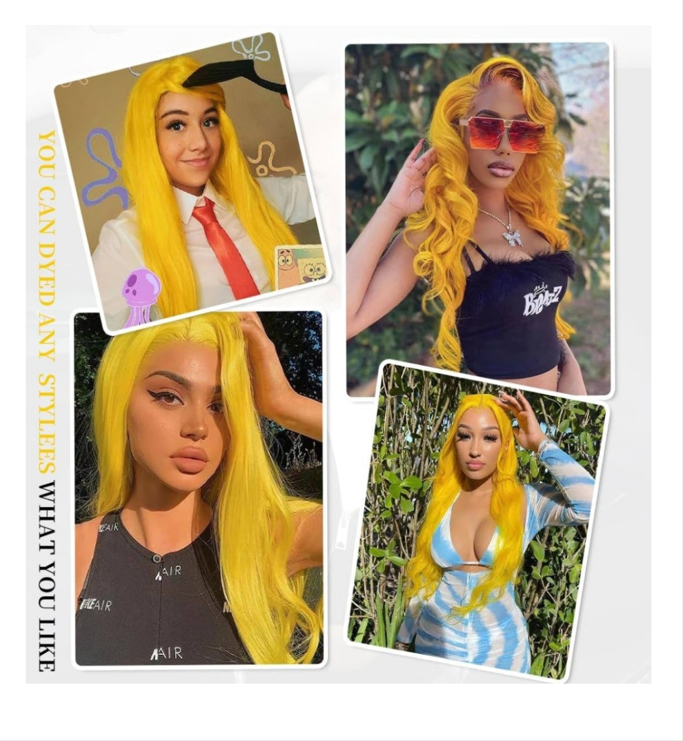 26 Inch Yellow Lace Front Wig Human Hair 200% Density Blonde Wig Human Hair Body Wave Lace Front Wigs Human Hair Pre Plucked 13x4 HD Lace Frontal Wig Yellow Colored Wigs Human Hair Glueless Wig