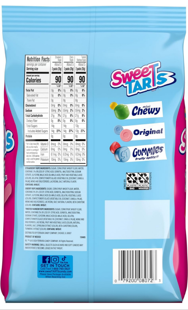 Sweet TARTS Ropes Candy, Variety Mix, Cherry Punch, Twisted Rainbow Punch, Tangy Strawberry, Soft and Chewy, 15 oz
