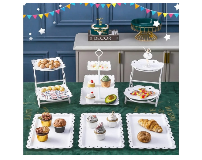 10 Pcs Cake Stand White Plastic Dessert Table Stand Set 4 Pcs 3 Tired Cupcake Display Stands Cookie Tray Rack Serving Tray Cake Display Tower and 6 Pcs Dessert Trays for Wedding Baby Shower Tea Party