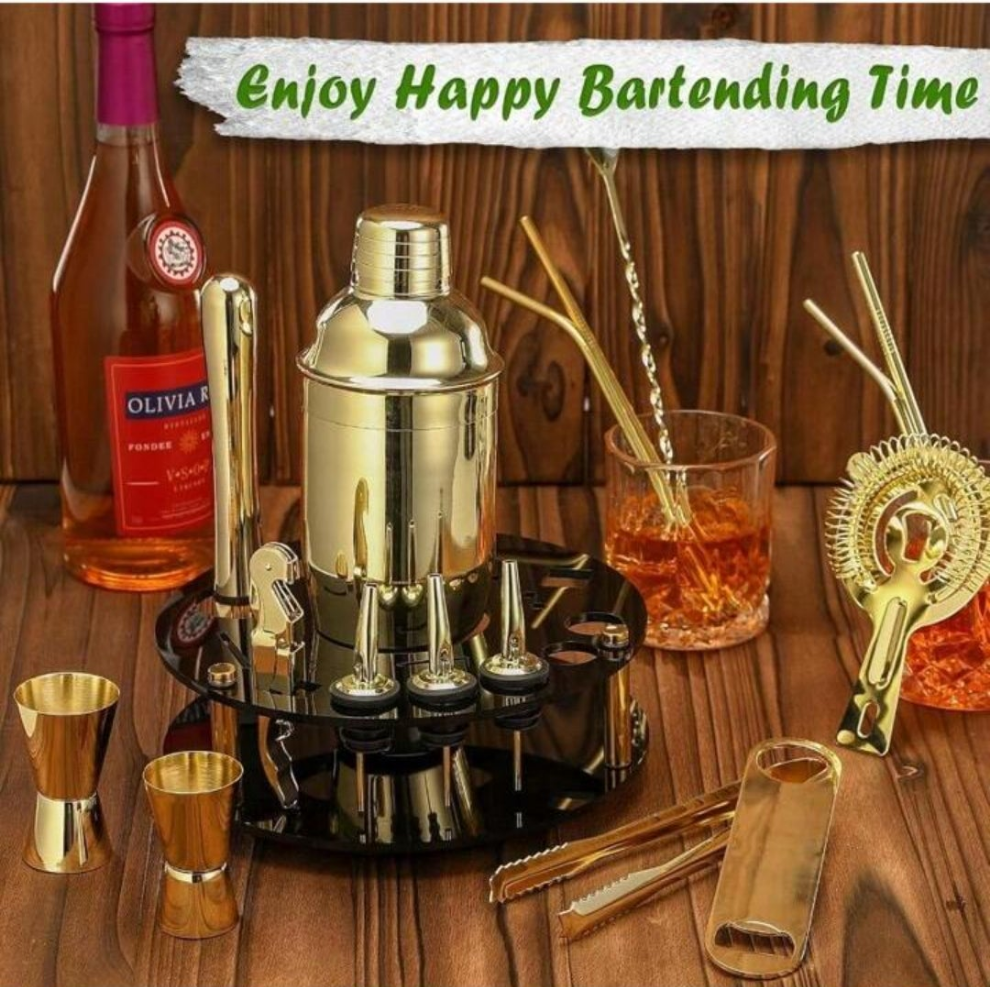 19-Piece Bar Set,Gold Cocktail Shaker Set For Drink Mixing:Stainless Steel Bar Tools With Rotating Stand,Professional Bartender Kit For Home Bars, Parties