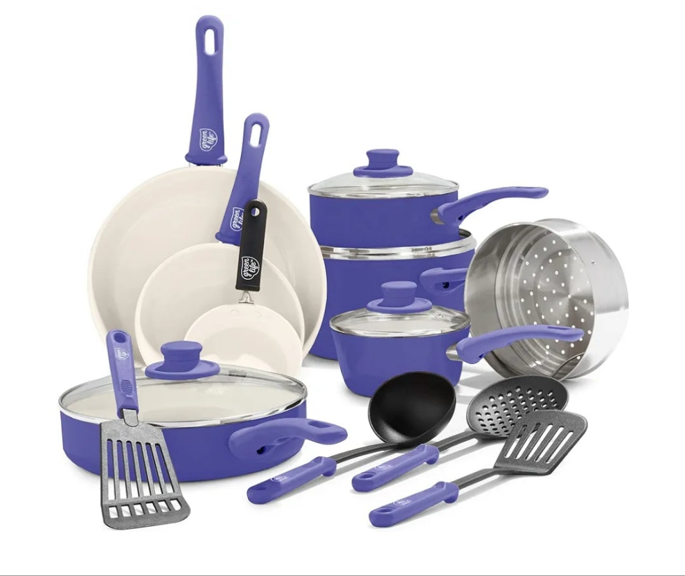 16 Piece Cookware Set, Non-Toxic PFAS-Free Ceramic Nonstick, Frying, Sauce, Saute, Utensils, Glass Lids, Stay-Cool Handles, Wobble Free, Dishwasher & Oven Safe,