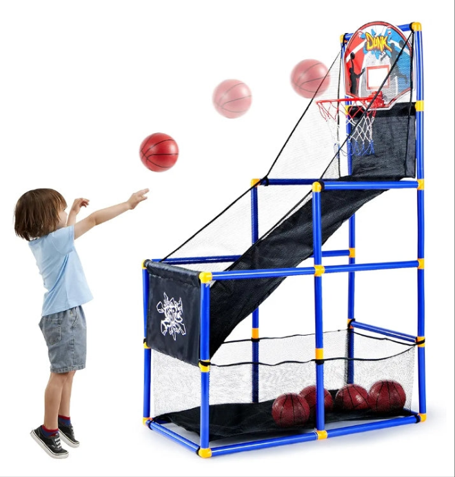 Arcade Basketball Game Set with 4 Balls and Hoop for Kids 3 to 12 Years Old Indoor Outdoor Sport Play - Easy Set Up - Air Pump Included - Ideal for Competition