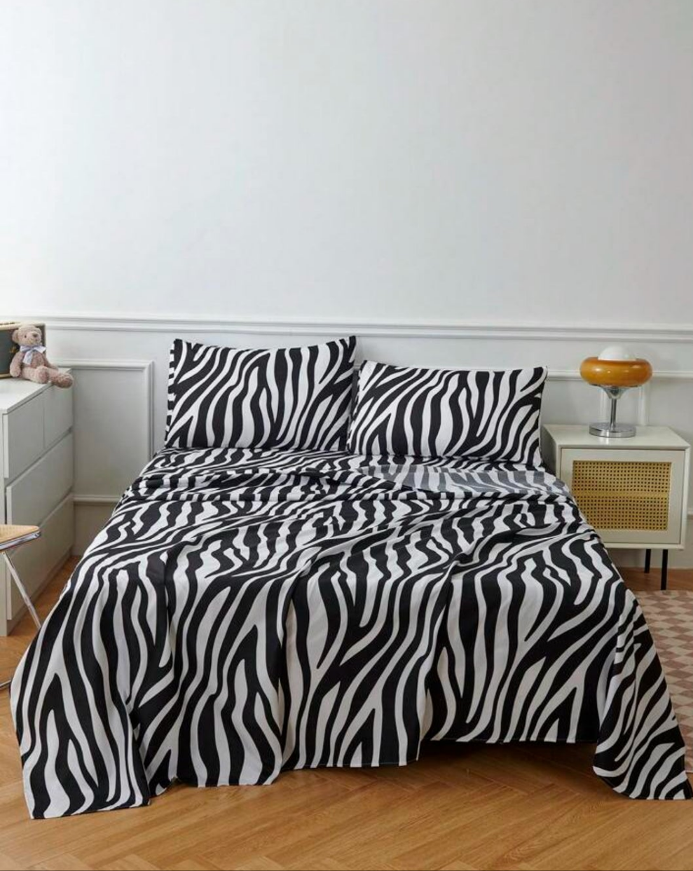 4pcs White Black Zebra Stripe Flower Pattern Sheet Set Easy Care Polyester Microfiber Soft Bedding Set