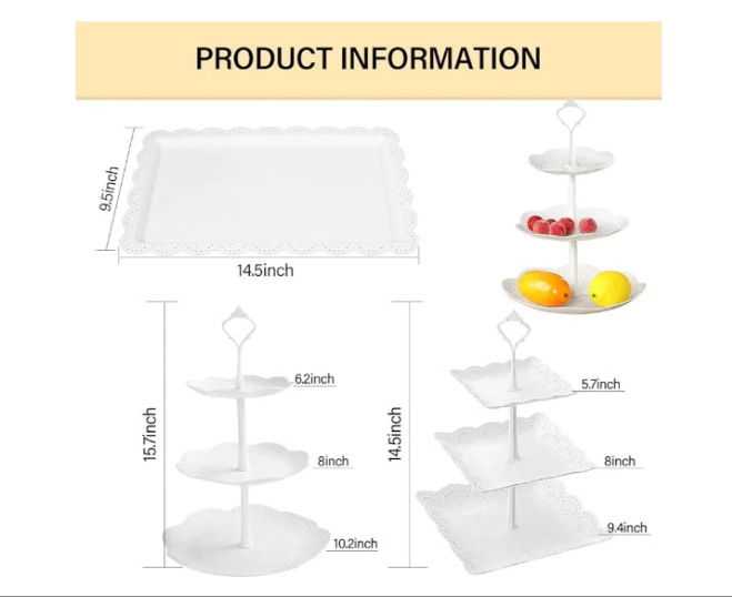 10 Pcs Cake Stand White Plastic Dessert Table Stand Set 4 Pcs 3 Tired Cupcake Display Stands Cookie Tray Rack Serving Tray Cake Display Tower and 6 Pcs Dessert Trays for Wedding Baby Shower Tea Party