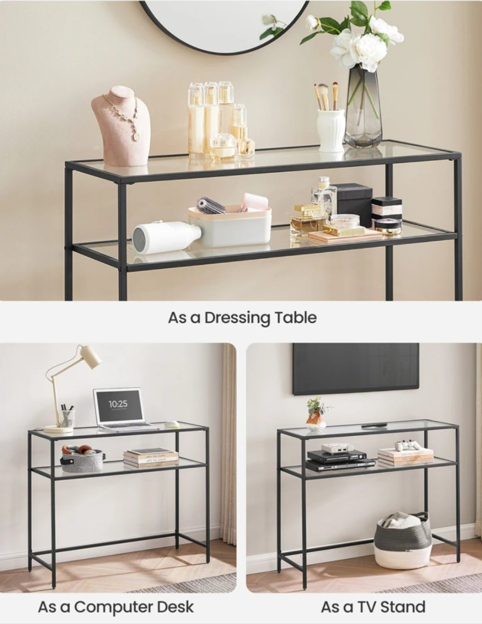 39.4 Inch Console Sofa Table, Modern Entryway Table, Tempered Glass Table, Metal Frame, 2 Shelves, Adjustable Feet, For Living Room, Hallway stainless steel 1 table