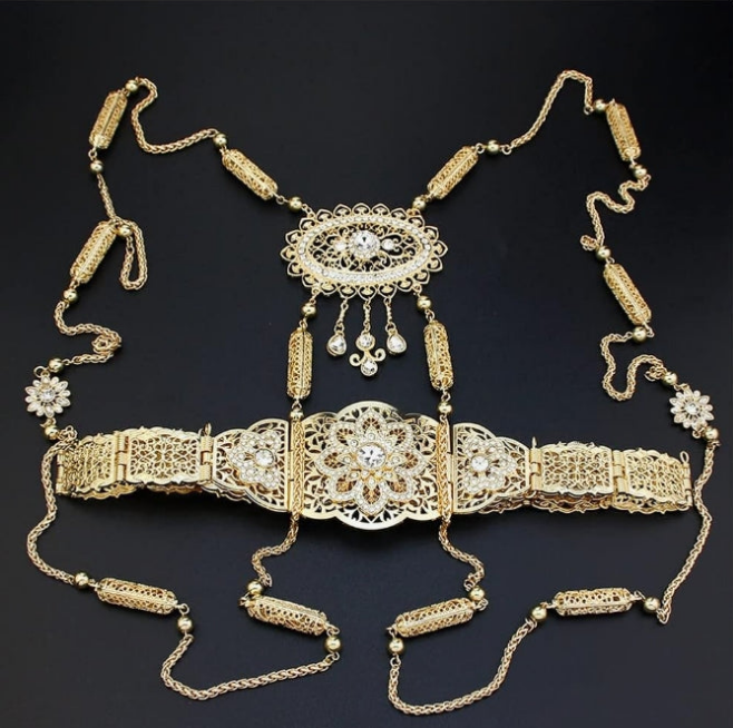 2 pc set Algeria Waist Belt Chest Chain For Women Morocco Bride Jewelry Women Dress Caftan Belt Body Chain