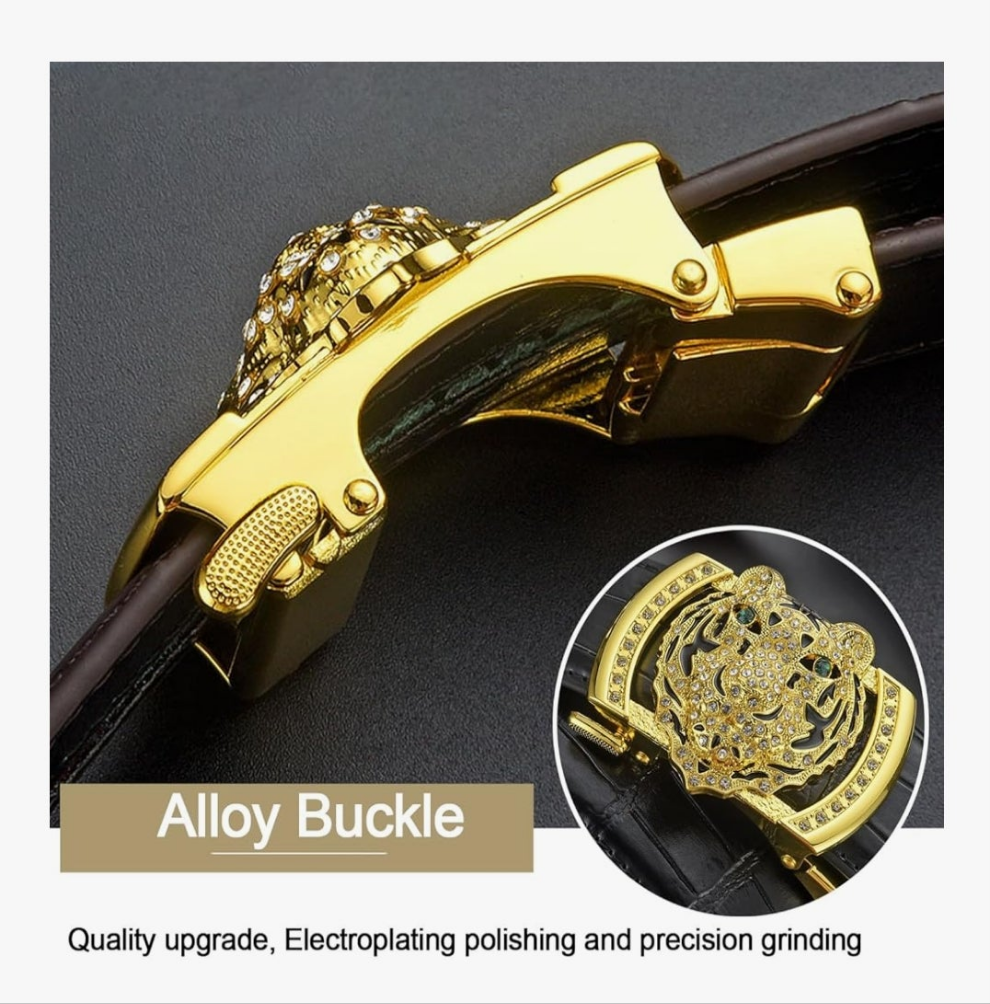 Luxury Men's Belts Gold Tiger Head Automatic Buckle Alloy, PU Leather Men Waist Strap, Slide Easier Adjustable Belt, Cut To Fit, Men Dress Casual Ratchet Belt (49in)