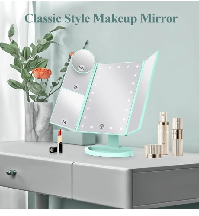 Makeup Mirror Vanity with Lights, 2X 3X 10X Magnification, Lighted Mirror, Touch Control, Trifold Dual Power Supply, Portable LED