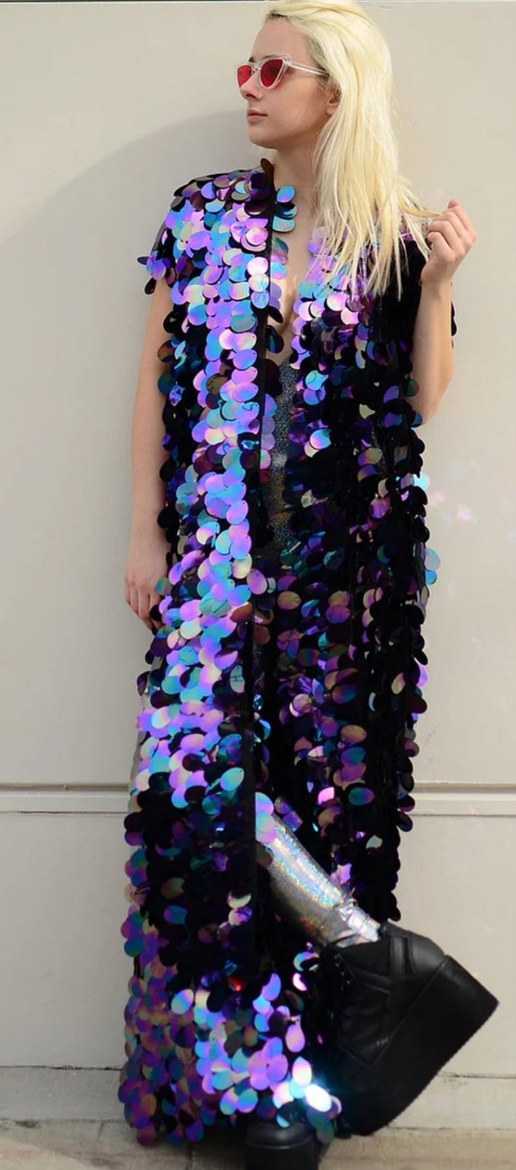 Party Disco Sequin Short Sleeve Cardigan Coat-Purple blue multicolored COCOMONEY