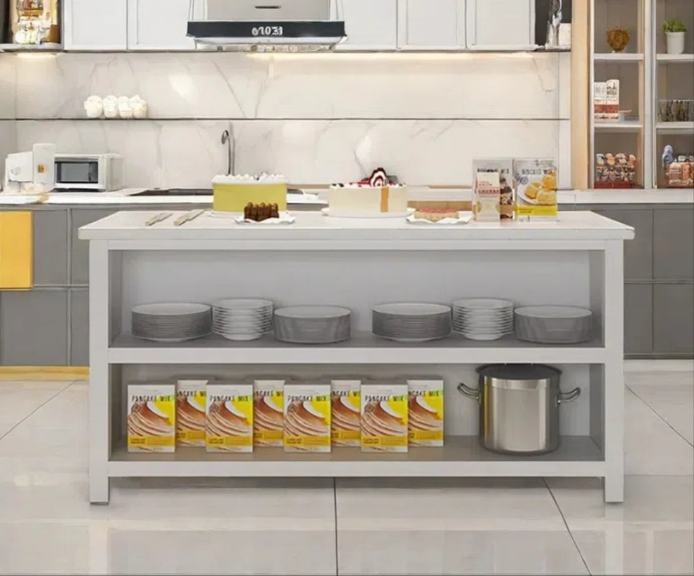 White Kitchen Island with Marble Top, Solid Wood Base, and Storage Cabinets