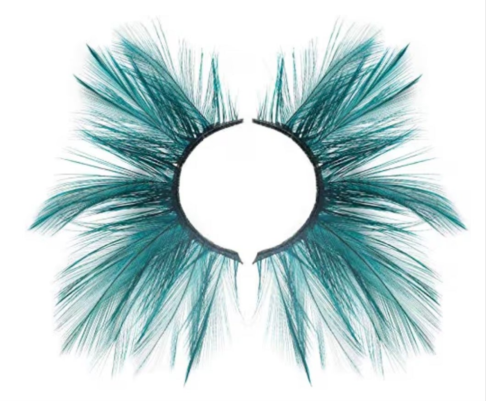 Double Lip Black with Green Big Extra Long Feather eyelashes Extra extension Halloween Green Feather Tip False Eyelashes Dance