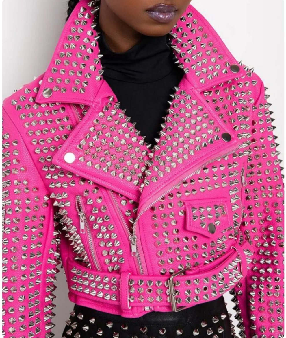 Women's Hot Pink Studded Leather Moto Jacket COCOMONEY