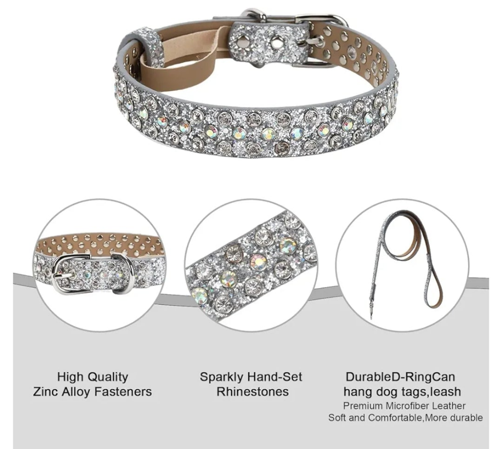 Rhinestone Dog Collar, Silver Bling Diamond Pet Collars with Leash for Small Medium Large Dog, Glitter Dog Collar with Rhinestone Sparkly Crystal Collar for Male Female Dog