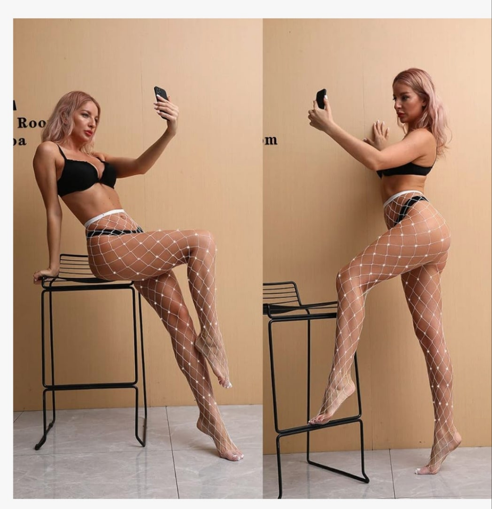 2 Pack Sparkly Large And Medium Mesh Fishnet Tights For Women Glitter Rhinestone Fishnets Stockings COCOMONEY