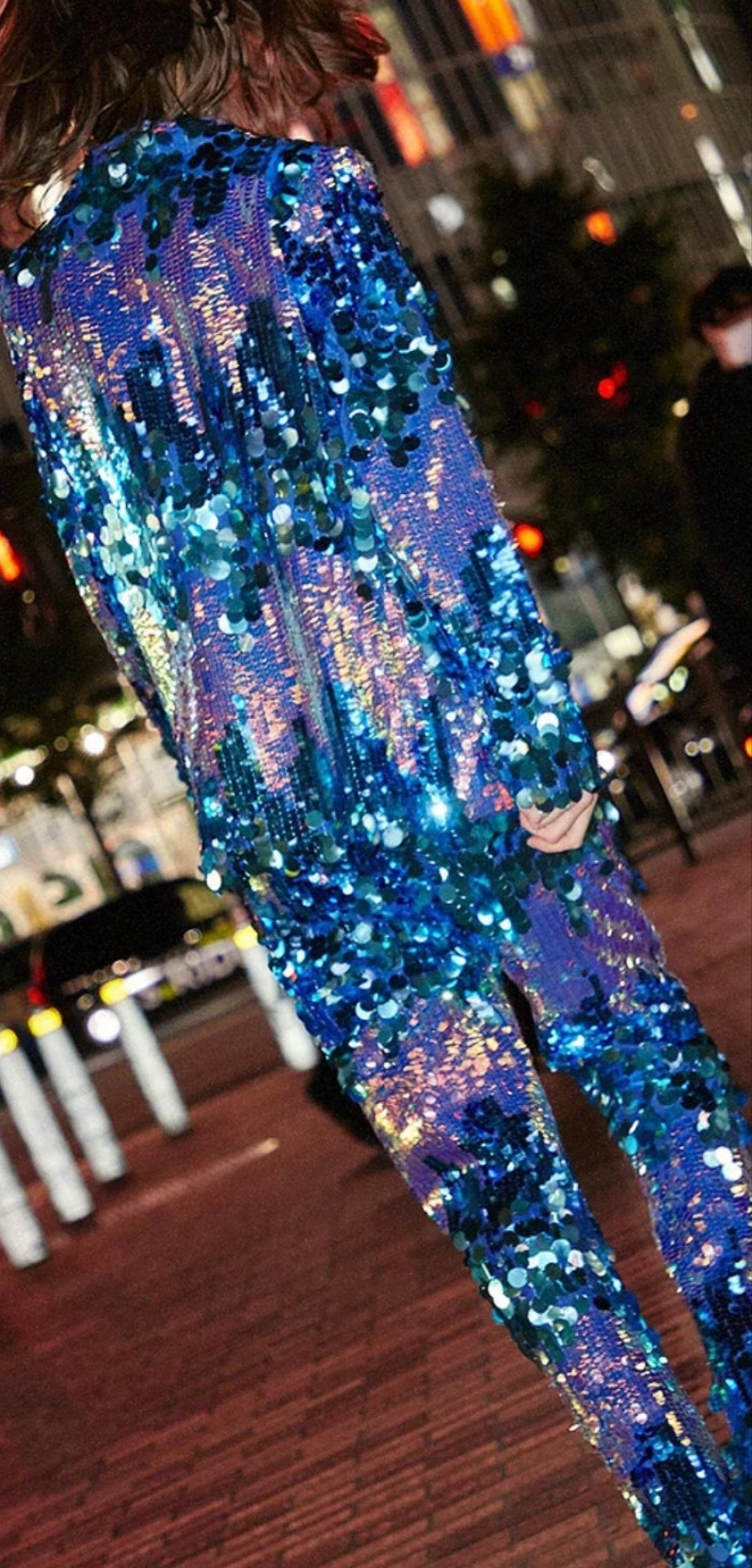Colorblock Sequin Blazer Two Pieces Pant Set-Blue COCOMONEY