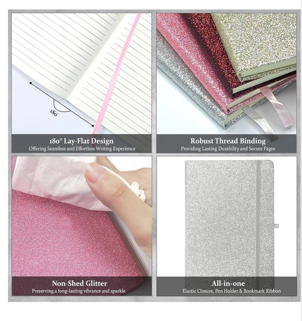 2pk Glitter Notebook, A5 Set of 2 College Ruled Notebooks, Journal for Girls Women School Supplies, Diary, Office, Gifts Notebooks