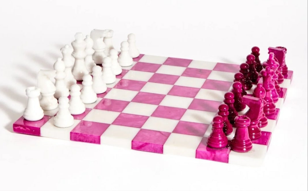 Magenta/White Large Italian Alabaster Chess Set