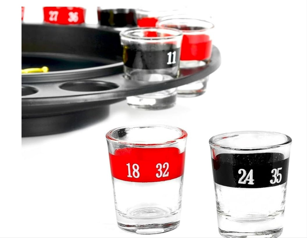 Shot Glass Roulette Drinking Game – 16-Piece Red/Black Set with 2 Metal Balls, Fun Adult Party Game for White Elephant, Game Nights, and Gifts