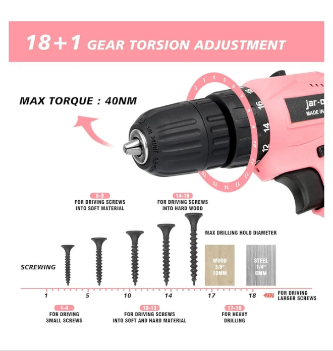 Jar-Owl 21V Pink Cordless Drill Set for Women,350 in-lb Torque, 0-1350RMP Variable Speed, 10MM 3/8'' Keyless Chuck, 18+1 Clutch, 1.5Ah Li-Ion Battery & Charger for Home DIY and Repair - Black & Pink