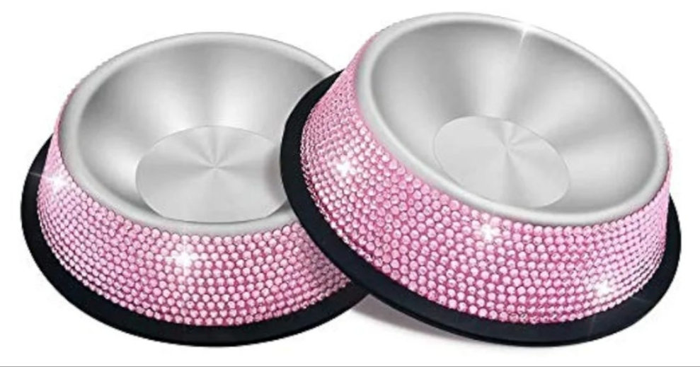 Rhinestone Pet Bowls, Bling Dog Cat Bowl Stainless Steel for Pets Food Water Dishes-2 Pack or single bowl