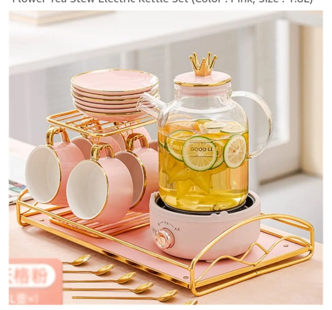 Queen tea set Mini Automatic Flower Tea Stew Electric Kettle Set (Color : Pink, Size : 1.8L