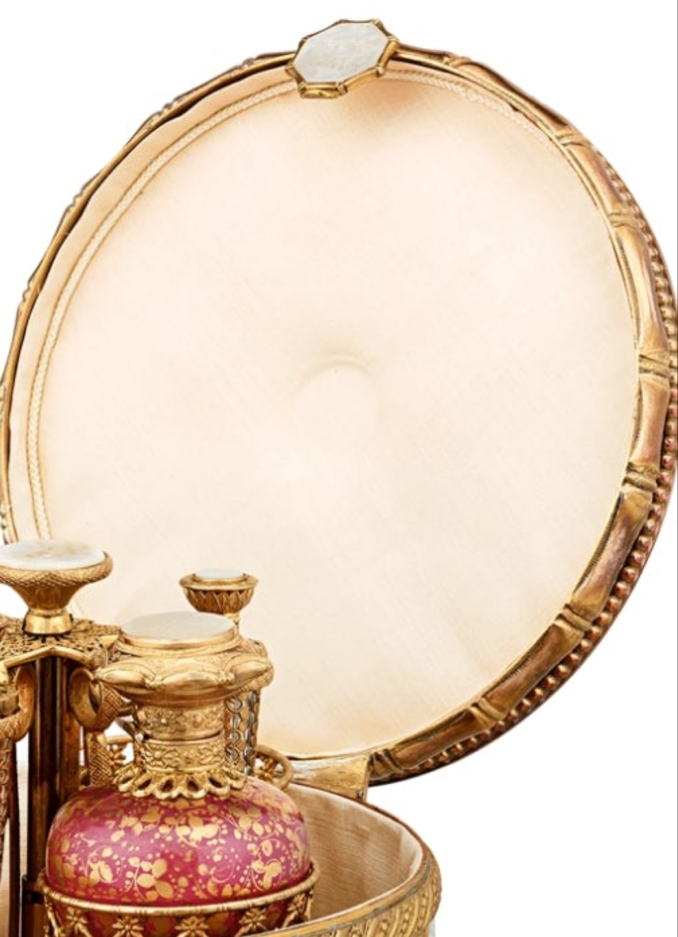 Fabulous Piece A Palais-Royal Mother-of-Pearl Perfume Box and Flasks made of crystal gilt bronze and pink opaline glass. Absolutely stunning. π