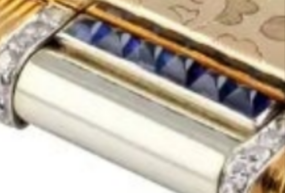 18k Gold Boucheron Paris Sapphire Diamond Compact Case high grade round brilliant cut diamonds and rich blue cabochon sapphires.