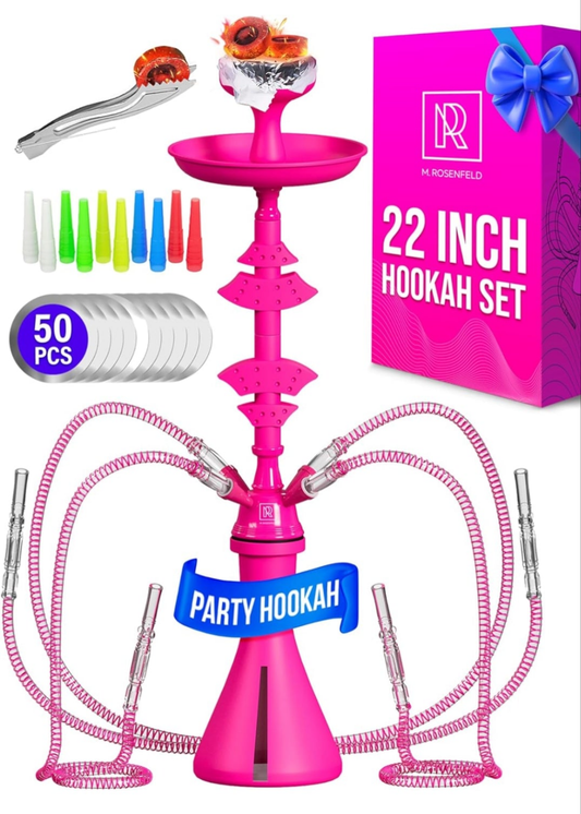 4 Hose Hookah set with everything - Pink Hookah 4 Hose Set – Pink Mini Hookah Party Set - Hookah Set 4 Hose with 50x Foil Big Silicone Bowl 10x Tips 4x Mouthpiece 4x Hookah Hose Tongs - Hookah Kit